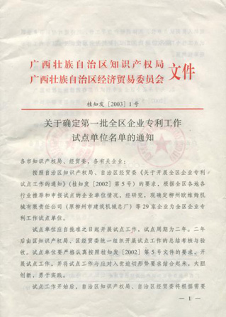 康興被廣西區(qū)經(jīng)貿(mào)委、廣西區(qū)知識產(chǎn)權(quán)局確定為＂廣西專利工作試點企業(yè)＂